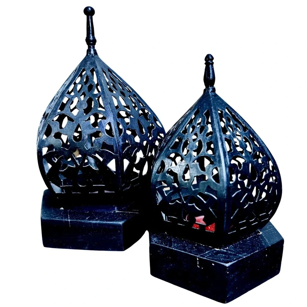 Moroccan Lantern Candleholders Black‎ Pierced Metal Decor Pair